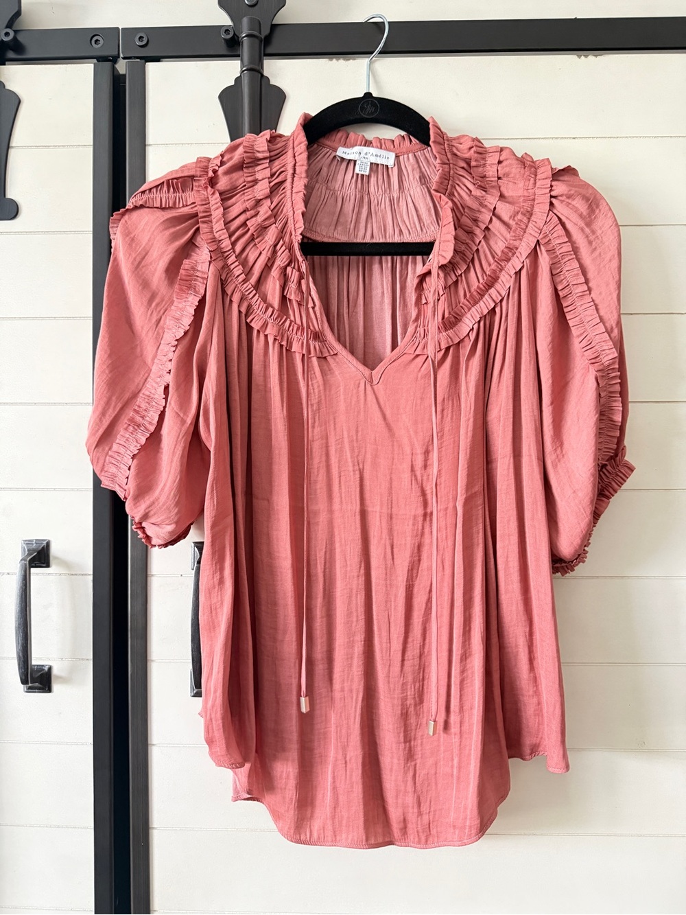 Maison d’Amelie soft Rose Puff-Sleeve Boho Ruffle V-Neck Blouse